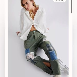 Free People Tricia Fix Patchwork Pants Lace Slit Hem Button Olive